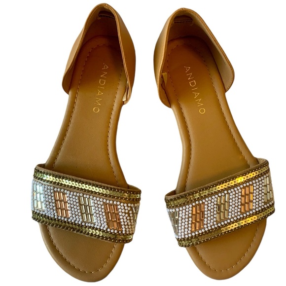Andiamo Shoes - EUC beaded d’orsay style flat neutral tan shiny beach vacation sandal shoe 6